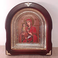 Икона Пресвятая Богородица Троеручица, лик 15х18 см, в темном деревянном киоте, арка