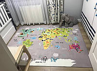 Плюшевый утепленный детский коврик " Карта мира" светло - серый