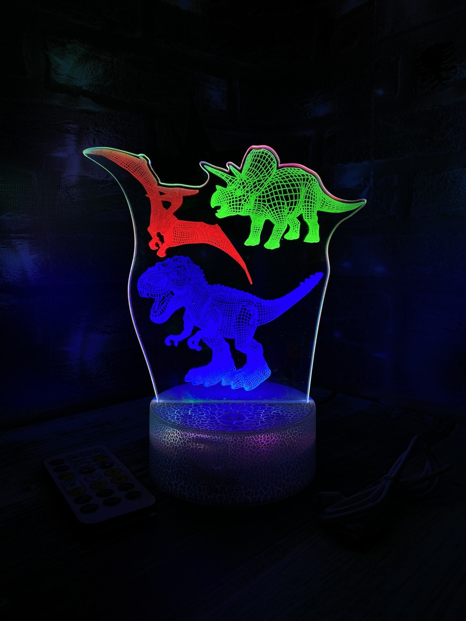 3d-лампа Три динозаври (Трицератопс, Тиранозавр, Птеродактиль) подарунок 3D світильник або нічник 3 кольори, пульт