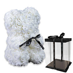 Мишко з штучних троянд 25 см + Подарункова коробка / Ведмедик з квітів у коробці Білий
