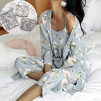 Піжама жіноча зі штанами "Cotton" Сіра з квітами (Size M), піжама трійка - комплект для сну з халатом