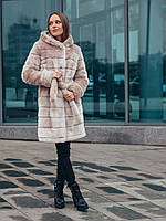 Шуба жіноча зимова з поясом і капюшоном із штучного хутра - 084 колір перли