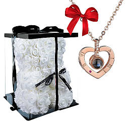 Мишко з штучних троянд 25 см + подарункова коробка + Подарунок Кулон I Love you на 100 мовах світу