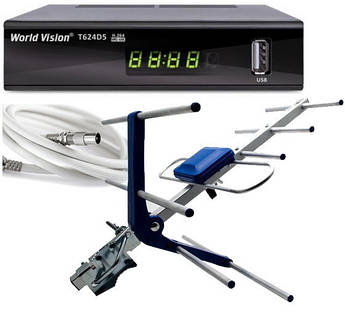 Т2 ресивер World Vision T624 D5 + антена ES-003 blue + кабель 15м
