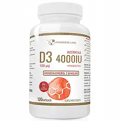 ВІТАМІН D3 4000 МО 100 мкг + ФОРТЕ ПРЕБІОТИК 120 капсул Progress Labs