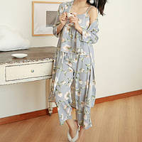 Женская пижама тройка "Cotton" Серая с цветами (Size L), пижама женская летняя - пижамный комплект (TS)