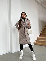 Женское стеганное пальто в ромбик на кнопках с поясом и отложным воротником (р. 42-50) 65PA235