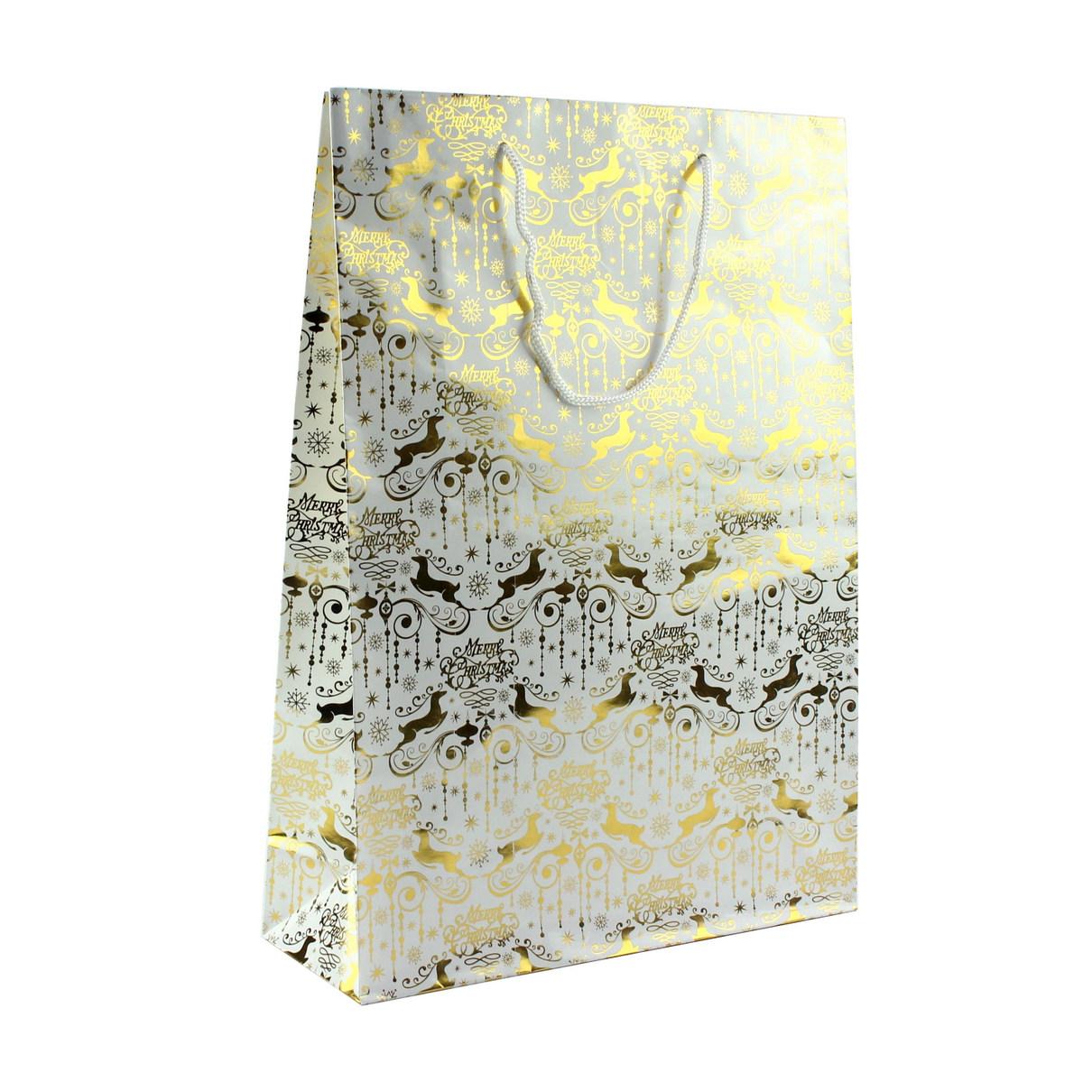 Пакет паперовий "Merry Christmas" золотистий, 25 х 8,5 х 34,5 см, фото 1