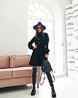 Жіноче стильне чорне плаття з вельвету талія і манжети на резинці спереду гудзики, фото 1