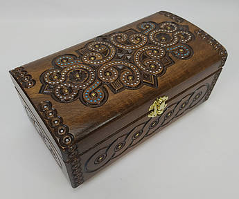 Різьблена дерев’яна шкатулка з інкрустацією 23.5×13×11 см з оксамитовим дном | Ексклюзивний карпатський сувенір ручної роботи