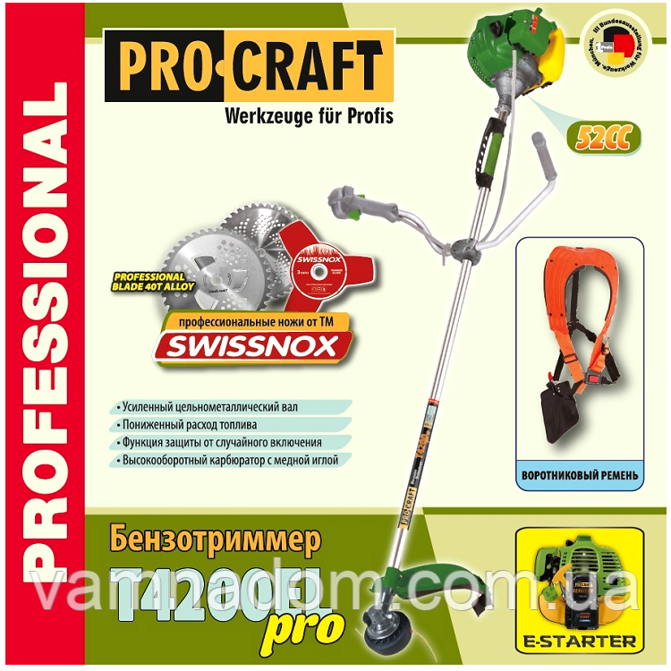 Бензокоса ProCraft T4200EL PRO з електростартером (3 ножі + 1 котушка з волосінню)