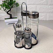 Набір для спецій перець + сіль+ оцет+гірчиця+олія на пластиковій підставці HLS (6083)