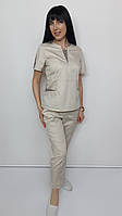 Костюм женский медицинский  Оскар стрейч-коттон  брюки укороченные 48, Кремовый с мокко отделкой