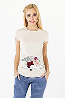 Бежева футболка для вагітних з ніжним принтом дівчинка ангел на хмарі, 5076041-57-БЖ