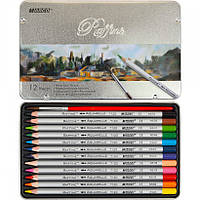 Кольорові акварельні олівці для малювання Raffaine набір 12 кольорів у металевому пеналі + пензлик