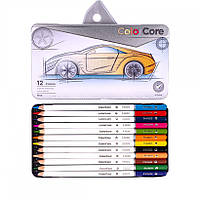 Кольорові олівці для малювання ColorCore набір 12 кольорів білий корпус, шестигранні в металевому пеналі
