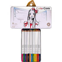 Кольорові олівці для малювання ColorCore набір 12 кольорів білий корпус, круглі в металевому пеналі