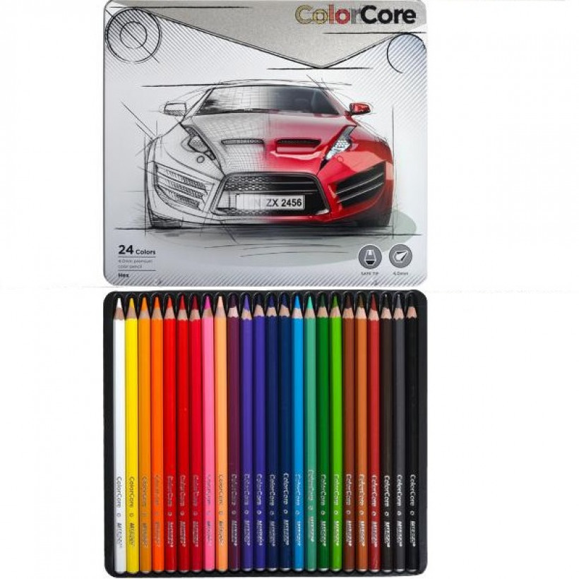 Кольорові олівці для малювання ColorCore набір 24 кольори в металевому пеналі