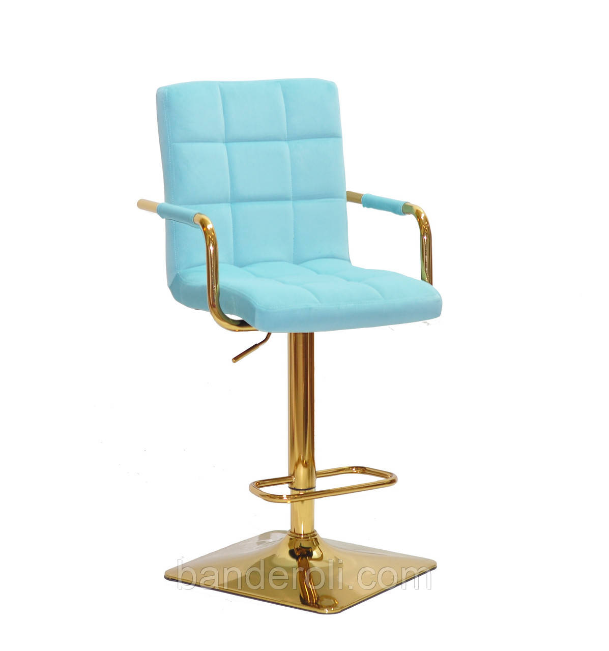 Стілець барний Augusto Arm Bar GD-BASE велюр блакитний-1019, квадратна опора золотиста з регульованою висотою, фото 1