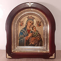 Икона Пресвятая Богородица Страстная, лик 15х18 см, в темном деревянном киоте, арка