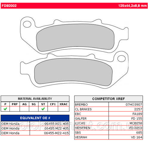 FDB2002P Гальмівні колодки Ferodo для мотоцикла HONDA 125x44,3x8,8mm