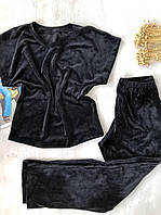 Плюшевая женская пижама штаны и футболка черный