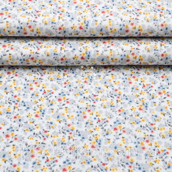 Ранфорс шириною 240 см "Польові квіти" сіро-блакитні на білому, №4017, фото 1