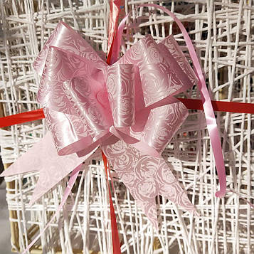 Бантик для прикраси подарунків світло-рожевий з малюнком троянди 1 шт.