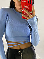 Женская кофта топик рубчик голубой рукавами трикотаж рубчик|Укороченая кофта для девушек завязки на животе