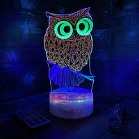 3d-лампа Сова, подарок для любителей птиц, 3D светильник или ночник символ мудрости, 3 цвета с анимацией