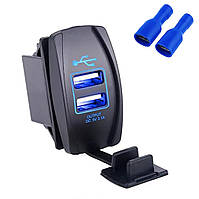 Автомобільний зарядний 2хUSB (12-24 В) з синім підсвічуванням / Врізна розетка - адаптер живлення USB