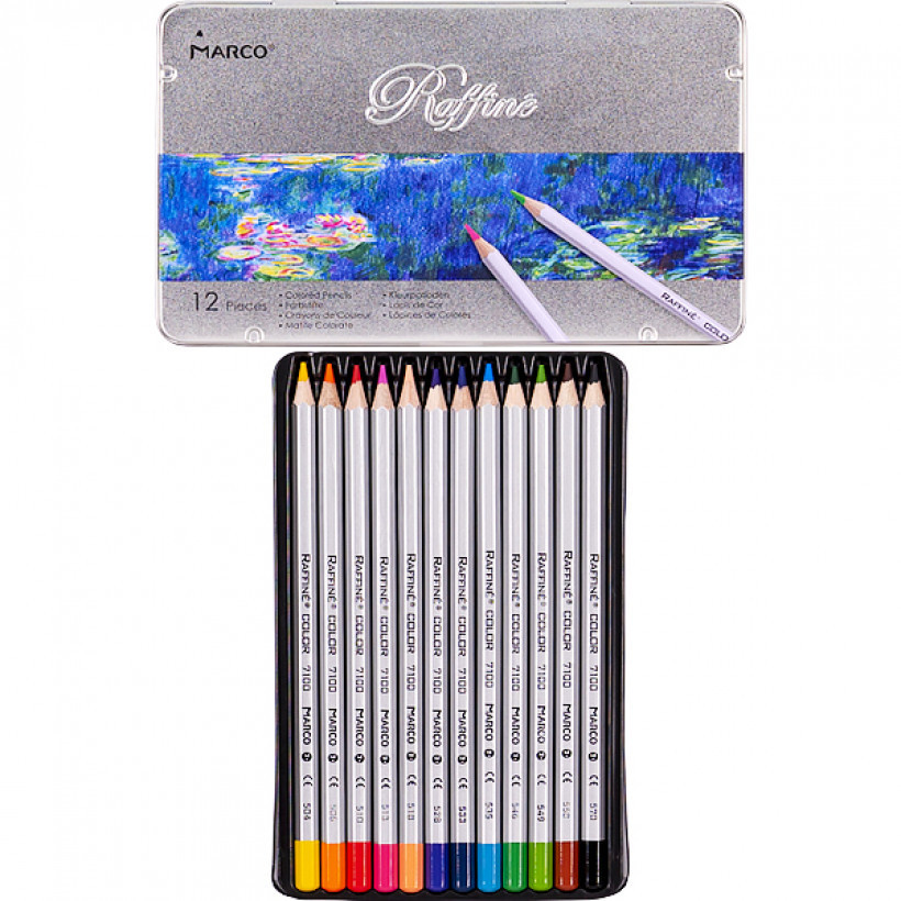 Кольорові олівці для малювання Raffaine набір 12 кольорів в металевому пеналі