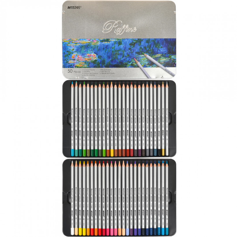 Кольорові олівці для малювання Raffaine набір 50 кольорів в металевому пеналі
