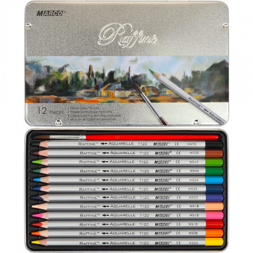 Кольорові акварельні олівці для малювання Raffaine набір 12 кольорів в металевому пеналі + пензлик