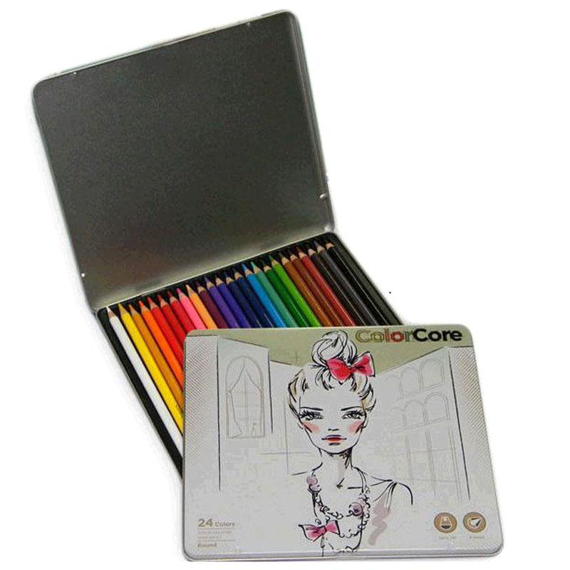 Кольорові олівці для малювання ColorCore набір 24 кольору круглі в металевому пеналі