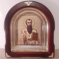 Икона Святитель Василий Великий, лик 15х18 см, в темном деревянном киоте, арка