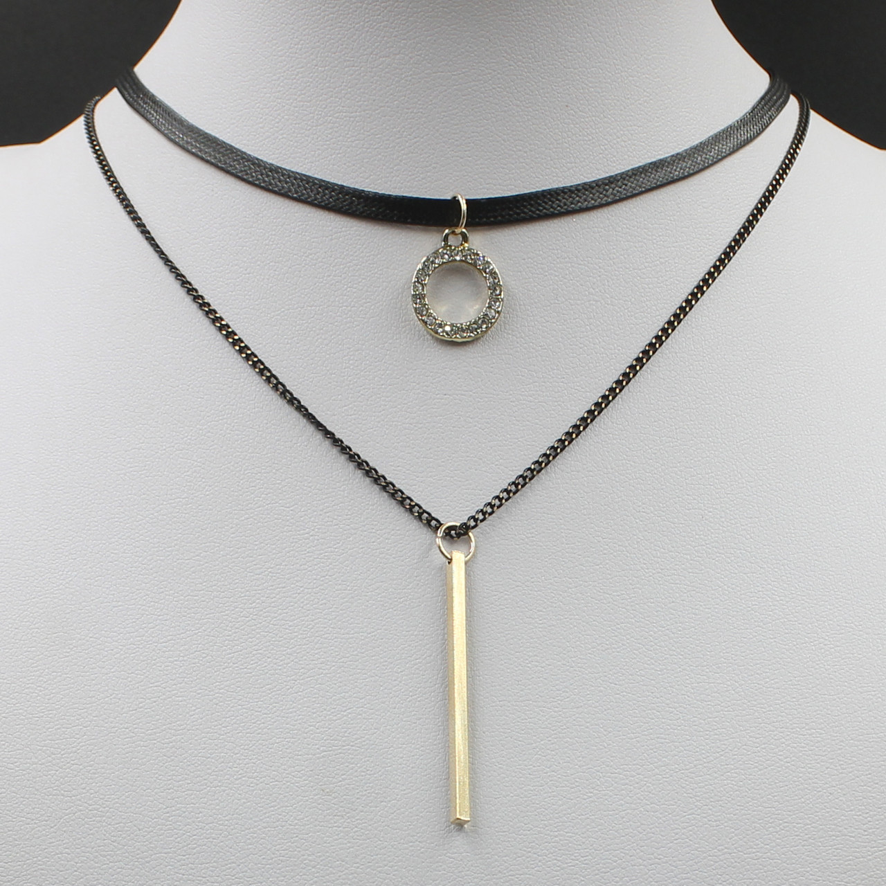 Чокер двошаровий чорний шнурок з екошкіри на металевому ланцюжку з підвіскою в стразах довжина 40 см
