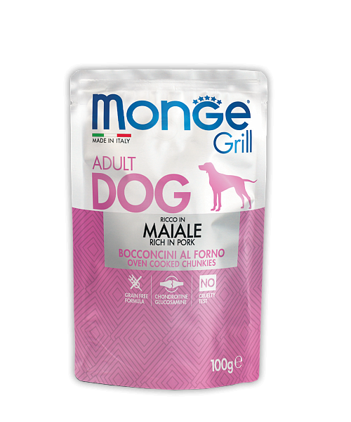 Monge Dog Grill вологий корм для собак, шматочки в соусі зі свининою, 0.1КГх24ШТ