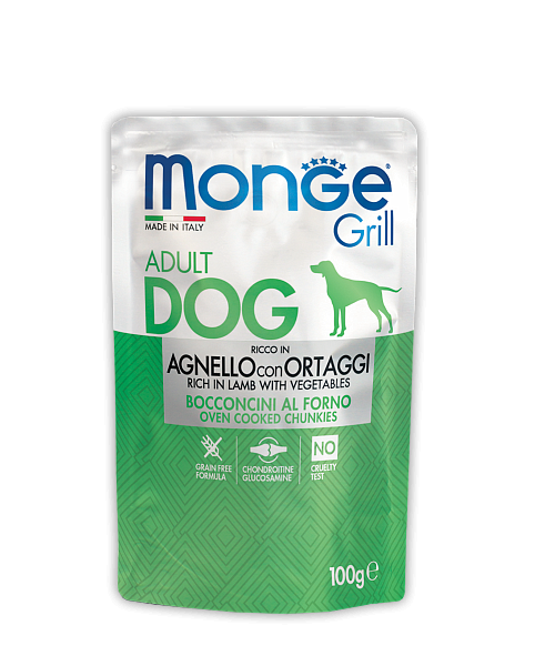 Monge Dog Grill вологий корм для собак, шматочки в соусі з ягням та овочами, 0.1КГх24ШТ