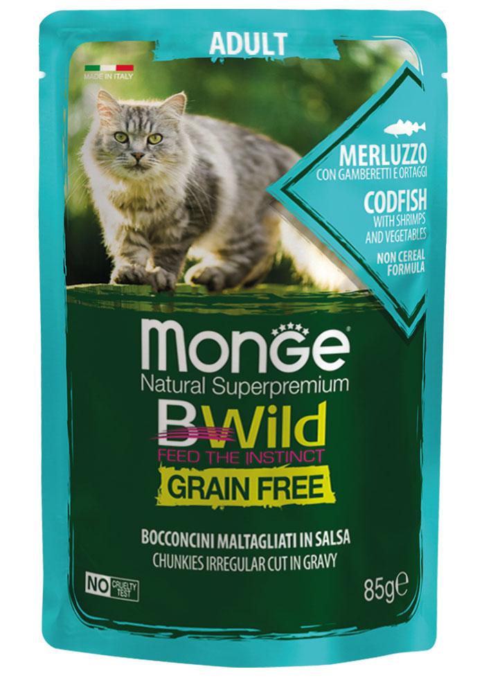Monge Cat Bwild Gr.free adult вологий корм для дорослої кішки тріска з креветками та овочами 0,085КГх28ШТ