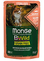 Monge Cat Bwild Gr.free Sterilised влажный корм для стерилизованных кошек лосось креветки овощи 0,085КГх28ШТ