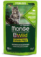 Monge Cat Bwild Gr.free Sterilised влажный корм для стерилизованных кошек мясо дикого кабана овощи 85ГРх28ШТ