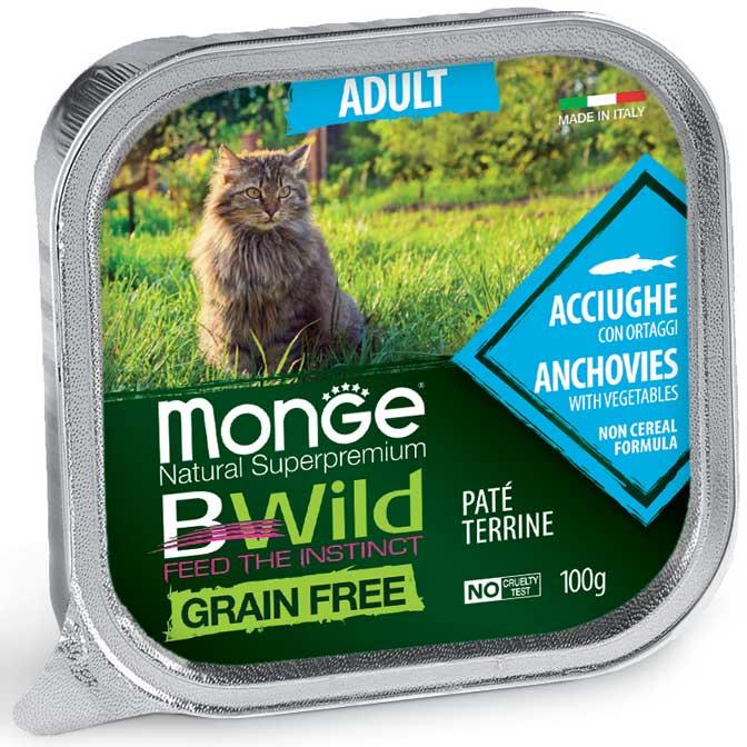 Monge Cat Bwild Gr.free Adult вологий корм для дорослої кішки, паштет анчоус з овочами 0,1 КГ 5 шт.