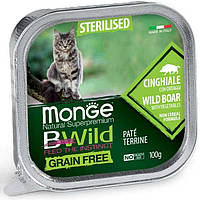 Monge Cat Bwild Gr.free Sterilised влажный корм для стерилизованных кошек, паштет кабан с овощами 0.1КГх32ШТ