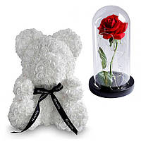Мишка из Роз 25 см / Мишка из цветов / Медведь из роз в подарочной коробке + Роза в колбе с LED подсветкой