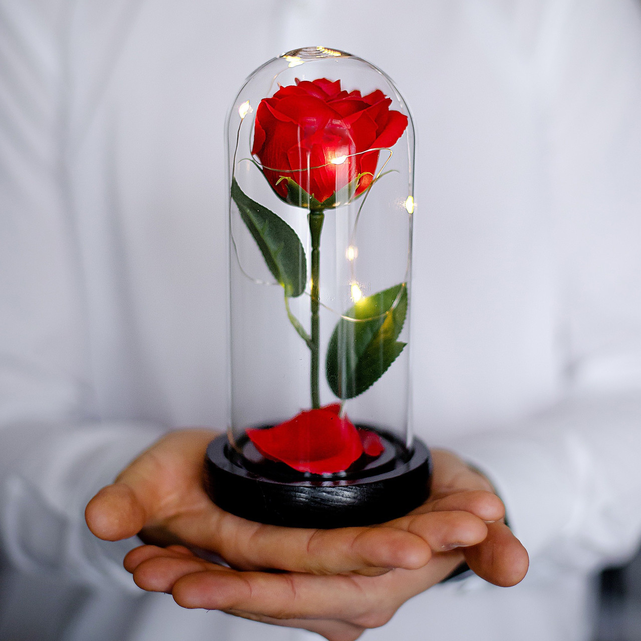 Вічна троянда в колбі з діодною LED-підсвіткою на підставці Троянда під скляним куполом КРАСНА