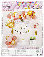 Набор декора ко дню рождения, КОРОНА в розовых тонах (баннер, шарики) T-8958