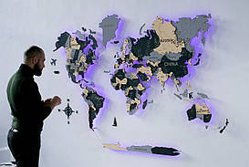 Дерев'яна карта світу на стіні CraftBoxUA з led підсвічуванням у сірих тонах