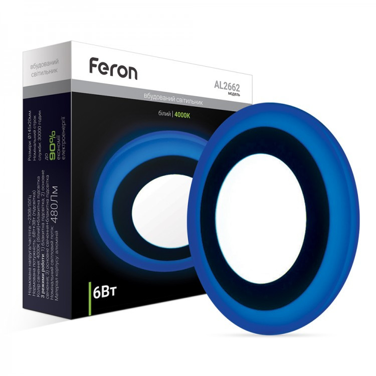 Светодиодный светильник Feron AL2662 6W круг встроенный с голубой подсветкой