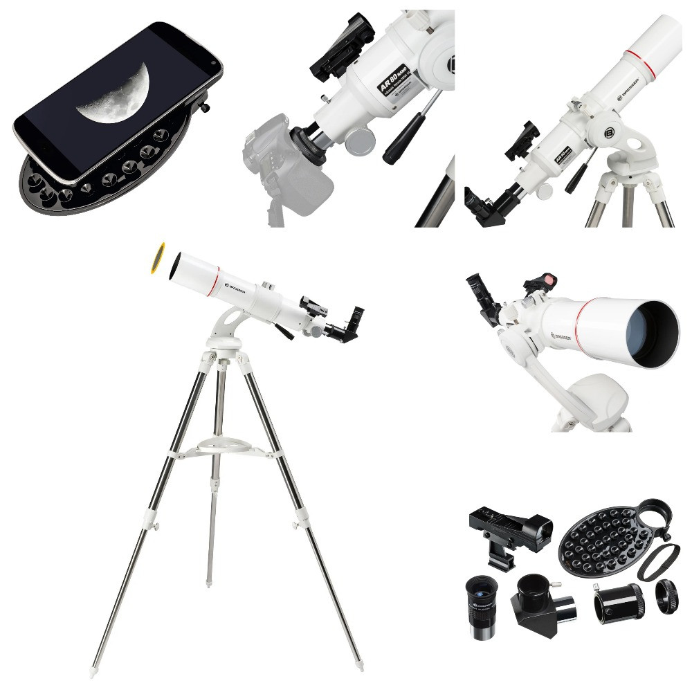 Телескоп для початківців з сонячним фільтром і адаптером для смартфону Bresser Nano AR-80/640 AZ (White)